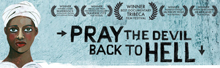 Blue movie poster with Liberian woman in head wrap